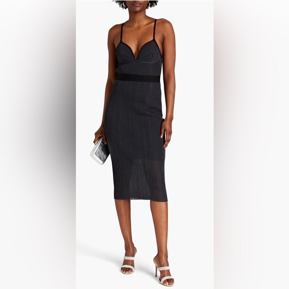 HERVÉ LÉGER Metallic ribbed-knit midi dress with flaw